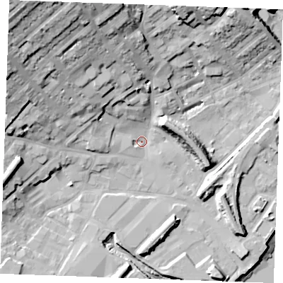 Shaded relief map of the ground around ME24SL, computed from Environment Agency LiDAR. The ground here sits at about 4 m above sea level and falls 40 m across the surrounding 800 m. Surface water reaching this point runs off ground lying to the north-west, 32.1 m higher.