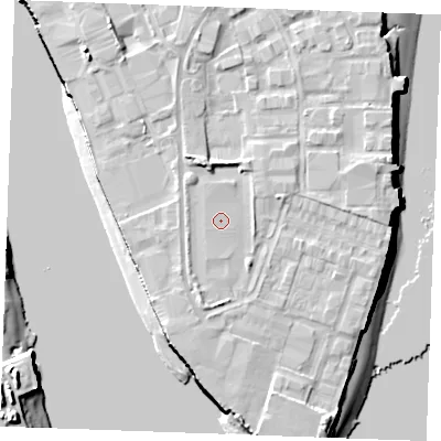 Shaded relief map of the ground around ME24SQ, computed from Environment Agency LiDAR. The ground here sits at about 5 m above sea level and falls 12 m across the surrounding 800 m. The ground contributing surface water to this point lies to the west-north-west.
