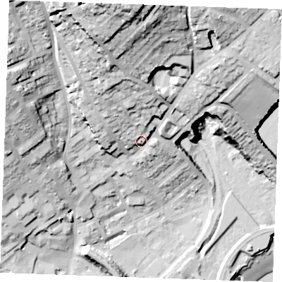 Shaded relief map of the ground around ME24TD, computed from Environment Agency LiDAR. The ground here sits at about 20 m above sea level and falls 65 m across the surrounding 800 m. Surface water reaching this point runs off ground lying to the north, 40.3 m higher.