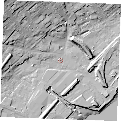 Shaded relief map of the ground around ME24TG, computed from Environment Agency LiDAR. The ground here sits at about 4 m above sea level and falls 36 m across the surrounding 800 m. Surface water reaching this point runs off ground lying to the north-west, 29.5 m higher.