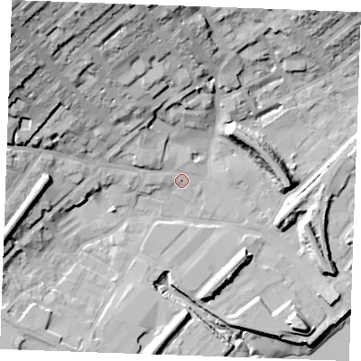 Shaded relief map of the ground around ME24TJ, computed from Environment Agency LiDAR. The ground here sits at about 5 m above sea level and falls 39 m across the surrounding 800 m. Surface water reaching this point runs off ground lying to the west-north-west, 4.0 m higher.