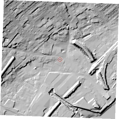 Shaded relief map of the ground around ME24TN, computed from Environment Agency LiDAR. The ground here sits at about 5 m above sea level and falls 38 m across the surrounding 800 m. Surface water reaching this point runs off ground lying to the west-north-west, 4.2 m higher.