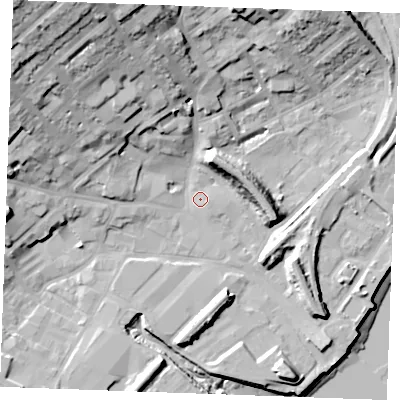 Shaded relief map of the ground around ME24TP, computed from Environment Agency LiDAR. The ground here sits at about 4 m above sea level and falls 37 m across the surrounding 800 m. Surface water reaching this point runs off ground lying to the north-west, 23.1 m higher.