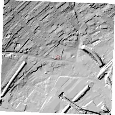 Shaded relief map of the ground around ME24TR, computed from Environment Agency LiDAR. The ground here sits at about 8 m above sea level and falls 46 m across the surrounding 800 m. Surface water reaching this point runs off ground lying to the west-north-west, 2.5 m higher.