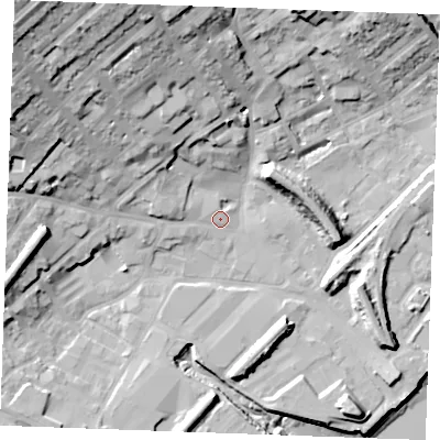 Shaded relief map of the ground around ME24TS, computed from Environment Agency LiDAR. The ground here sits at about 5 m above sea level and falls 39 m across the surrounding 800 m. Surface water reaching this point runs off ground lying to the west-north-west, 4.4 m higher.