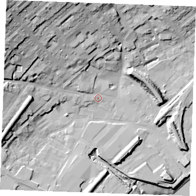 Shaded relief map of the ground around ME24TW, computed from Environment Agency LiDAR. The ground here sits at about 5 m above sea level and falls 41 m across the surrounding 800 m. Surface water reaching this point runs off ground lying to the north-west, 3.6 m higher.