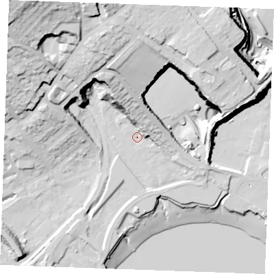 Shaded relief map of the ground around ME24UN, computed from Environment Agency LiDAR. The ground here sits at about 5 m above sea level and falls 53 m across the surrounding 800 m. Surface water reaching this point runs off ground lying to the north, 39.2 m higher.