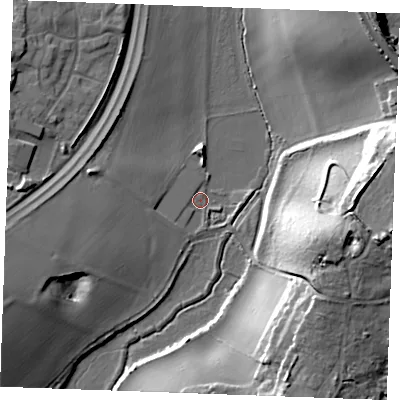 Shaded relief map of the ground around ME24UX, computed from Environment Agency LiDAR. The ground here sits at about 3 m above sea level and falls 25 m across the surrounding 800 m. Surface water reaching this point runs off ground lying to the west-south-west, 12.2 m higher.