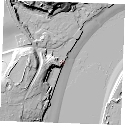 Shaded relief map of the ground around ME24UY, computed from Environment Agency LiDAR. The ground here sits at about 4 m above sea level and falls 45 m across the surrounding 800 m. Surface water reaching this point runs off ground lying to the west, 19.0 m higher.