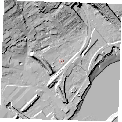 Shaded relief map of the ground around ME24WQ, computed from Environment Agency LiDAR. The ground here sits at about 3 m above sea level and falls 34 m across the surrounding 800 m. Surface water reaching this point runs off ground lying to the north-west, 27.5 m higher.