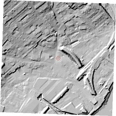Shaded relief map of the ground around ME24WR, computed from Environment Agency LiDAR. The ground here sits at about 4 m above sea level and falls 39 m across the surrounding 800 m. Surface water reaching this point runs off ground lying to the north-west, 32.2 m higher.