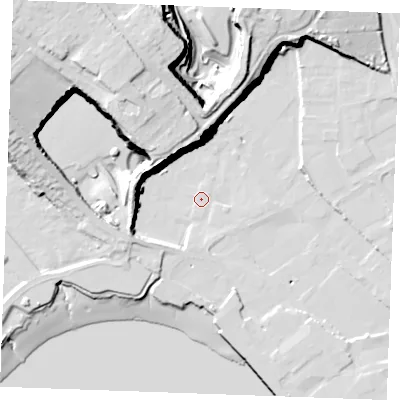 Shaded relief map of the ground around ME24WS, computed from Environment Agency LiDAR. The ground here sits at about 3 m above sea level and falls 46 m across the surrounding 800 m. Surface water reaching this point runs off ground lying to the west-south-west, 7.9 m higher.