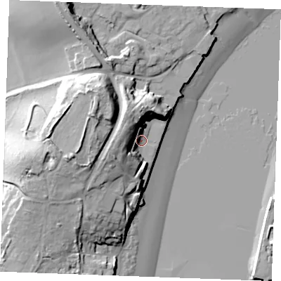 Shaded relief map of the ground around ME24WU, computed from Environment Agency LiDAR. The ground here sits at about 6 m above sea level and falls 29 m across the surrounding 800 m. Surface water reaching this point runs off ground lying to the west-north-west, 15.8 m higher.