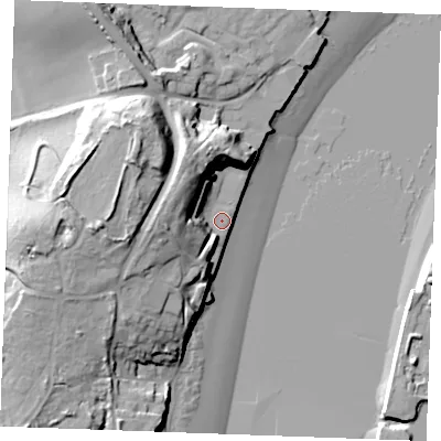 Shaded relief map of the ground around ME24WW, computed from Environment Agency LiDAR. The ground here sits at about 5 m above sea level and falls 29 m across the surrounding 800 m. Surface water reaching this point runs off ground lying to the west, 16.5 m higher.