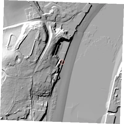 Shaded relief map of the ground around ME24WX, computed from Environment Agency LiDAR. The ground here sits at about 5 m above sea level and falls 29 m across the surrounding 800 m. Surface water reaching this point runs off ground lying to the west-north-west, 18.2 m higher.