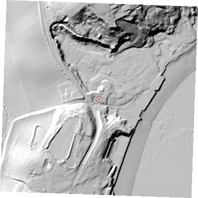 Shaded relief map of the ground around ME24XB, computed from Environment Agency LiDAR. The ground here sits at about 10 m above sea level and falls 61 m across the surrounding 800 m. Surface water reaching this point runs off ground lying to the north-north-west, 41.7 m higher.