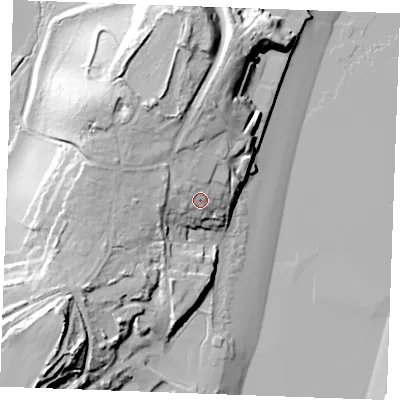 Shaded relief map of the ground around ME24XG, computed from Environment Agency LiDAR. The ground here sits at about 14 m above sea level and falls 33 m across the surrounding 800 m. Surface water reaching this point runs off ground lying to the north-west, 5.0 m higher.