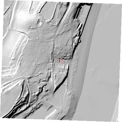 Shaded relief map of the ground around ME24XH, computed from Environment Agency LiDAR. The ground here sits at about 6 m above sea level and falls 36 m across the surrounding 800 m. Surface water reaching this point runs off ground lying to the north-north-west, 19.0 m higher.