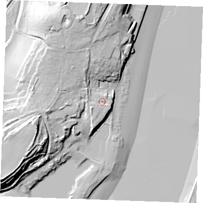 Shaded relief map of the ground around ME24XL, computed from Environment Agency LiDAR. The ground here sits at about 11 m above sea level and falls 36 m across the surrounding 800 m. Surface water reaching this point runs off ground lying to the west-south-west, 4.3 m higher.