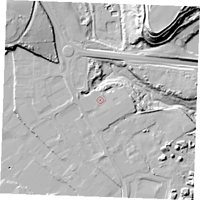 Shaded relief map of the ground around ME24XP, computed from Environment Agency LiDAR. The ground here sits at about 6 m above sea level and falls 35 m across the surrounding 800 m. Surface water reaching this point runs off ground lying to the south-east, 0.7 m higher.
