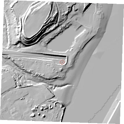 Shaded relief map of the ground around ME24XQ, computed from Environment Agency LiDAR. The ground here sits at about 4 m above sea level and falls 38 m across the surrounding 800 m. Surface water reaching this point runs off ground lying to the west-south-west, 13.1 m higher.