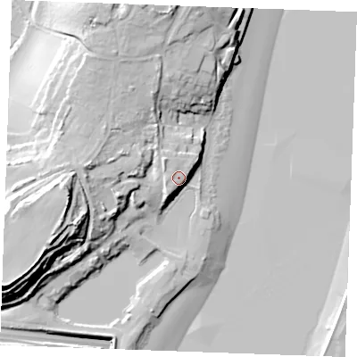 Shaded relief map of the ground around ME24XS, computed from Environment Agency LiDAR. The ground here sits at about 12 m above sea level and falls 38 m across the surrounding 800 m. Surface water reaching this point runs off ground lying to the west-south-west, 30.4 m higher.
