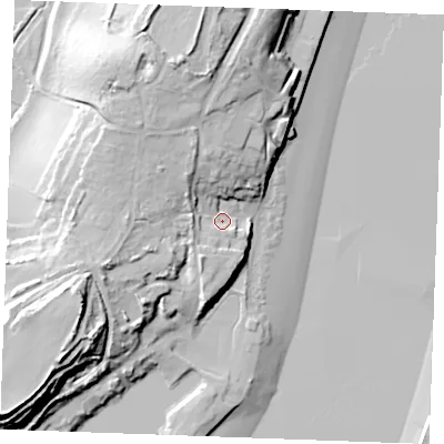 Shaded relief map of the ground around ME24XY, computed from Environment Agency LiDAR. The ground here sits at about 8 m above sea level and falls 36 m across the surrounding 800 m. Surface water reaching this point runs off ground lying to the north-north-west, 18.5 m higher.