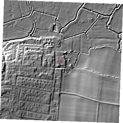 Shaded relief map of the ground around ME37DW, computed from Environment Agency LiDAR. The ground here sits at about 5 m above sea level and falls 16 m across the surrounding 800 m. Surface water reaching this point runs off ground lying to the south-west, 2.4 m higher.