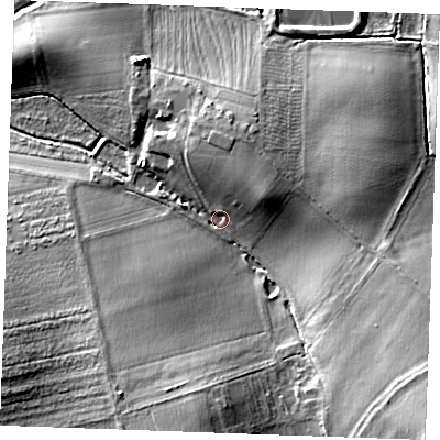Shaded relief map of the ground around ME37HY, computed from Environment Agency LiDAR. The ground here sits at about 7 m above sea level and falls 21 m across the surrounding 800 m. Surface water reaching this point runs off ground lying to the east-north-east, 6.9 m higher.
