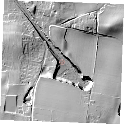 Shaded relief map of the ground around ME37JQ, computed from Environment Agency LiDAR. The ground here sits at about 5 m above sea level and falls 40 m across the surrounding 800 m. Surface water reaching this point runs off ground lying to the south, 39.0 m higher.