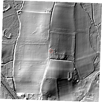 Shaded relief map of the ground around ME37LH, computed from Environment Agency LiDAR. The ground here sits at about 13 m above sea level and falls 16 m across the surrounding 800 m. Surface water reaching this point runs off ground lying to the north-east, 1.2 m higher.