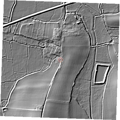 Shaded relief map of the ground around ME37LJ, computed from Environment Agency LiDAR. The ground here sits at about 4 m above sea level and falls 11 m across the surrounding 800 m. Surface water reaching this point runs off ground lying to the north, 2.7 m higher.