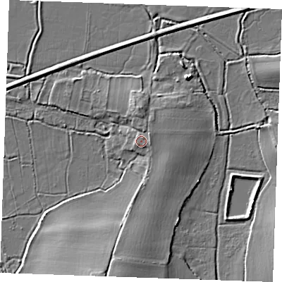 Shaded relief map of the ground around ME37LP, computed from Environment Agency LiDAR. The ground here sits at about 5 m above sea level and falls 9 m across the surrounding 800 m. Surface water reaching this point runs off ground lying to the north-east, 1.9 m higher.