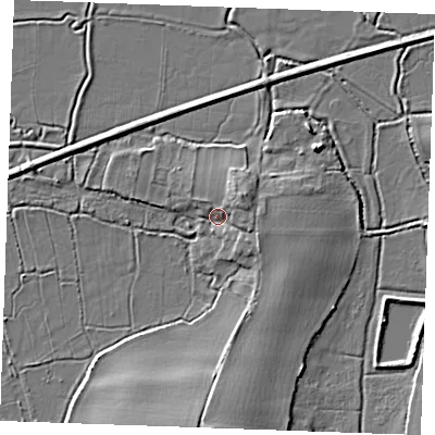 Shaded relief map of the ground around ME37LR, computed from Environment Agency LiDAR. The ground here sits at about 3 m above sea level and falls 8 m across the surrounding 800 m. Surface water reaching this point runs off ground lying to the north-east, 3.8 m higher.