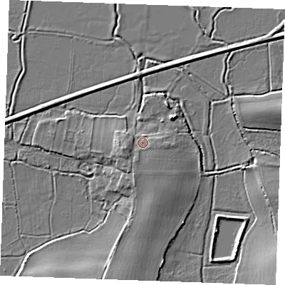 Shaded relief map of the ground around ME37LS, computed from Environment Agency LiDAR. The ground here sits at about 4 m above sea level and falls 6 m across the surrounding 800 m. Surface water reaching this point runs off ground lying to the west-south-west, 2.7 m higher.