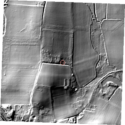 Shaded relief map of the ground around ME37LT, computed from Environment Agency LiDAR. The ground here sits at about 10 m above sea level and falls 18 m across the surrounding 800 m. Surface water reaching this point runs off ground lying to the south-west, 7.5 m higher.