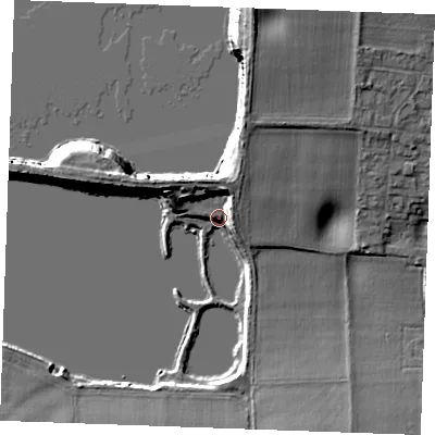 Shaded relief map of the ground around ME37RT, computed from Environment Agency LiDAR. The ground here sits at about 5 m above sea level and falls 16 m across the surrounding 800 m. Surface water reaching this point runs off ground lying to the north-north-west, 10.2 m higher.