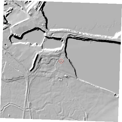 Shaded relief map of the ground around ME37ST, computed from Environment Agency LiDAR. The ground here sits at about 5 m above sea level and falls 13 m across the surrounding 800 m. Surface water reaching this point runs off ground lying to the north-north-east, 3.4 m higher.
