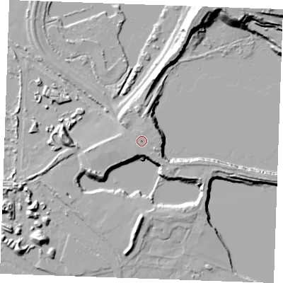 Shaded relief map of the ground around ME37SU, computed from Environment Agency LiDAR. The ground here sits at about 9 m above sea level and falls 23 m across the surrounding 800 m. Surface water reaching this point runs off ground lying to the north, 1.6 m higher.