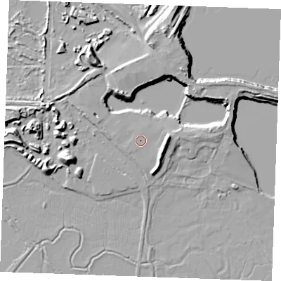 Shaded relief map of the ground around ME37SX, computed from Environment Agency LiDAR. The ground here sits at about 5 m above sea level and falls 13 m across the surrounding 800 m. Surface water reaching this point runs off ground lying to the north-north-east, 10.8 m higher.