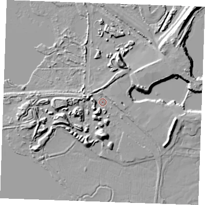 Shaded relief map of the ground around ME37SZ, computed from Environment Agency LiDAR. The ground here sits at about 5 m above sea level and falls 15 m across the surrounding 800 m. Surface water reaching this point runs off ground lying to the west-north-west, 5.5 m higher.