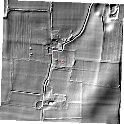 Shaded relief map of the ground around ME37UA, computed from Environment Agency LiDAR. The ground here sits at about 4 m above sea level and falls 9 m across the surrounding 800 m. Surface water reaching this point runs off ground lying to the east, 1.7 m higher.