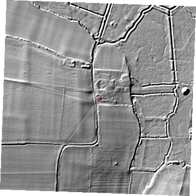 Shaded relief map of the ground around ME37UD, computed from Environment Agency LiDAR. The ground here sits at about 6 m above sea level and falls 12 m across the surrounding 800 m. Surface water reaching this point runs off ground lying to the west-south-west, 8.0 m higher.