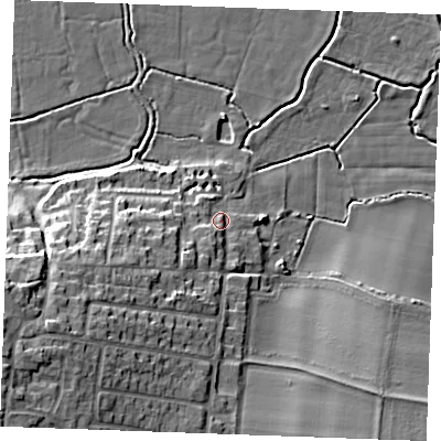 Shaded relief map of the ground around ME37UE, computed from Environment Agency LiDAR. The ground here sits at about 6 m above sea level and falls 17 m across the surrounding 800 m. Surface water reaching this point runs off ground lying to the south-south-west, 3.1 m higher.