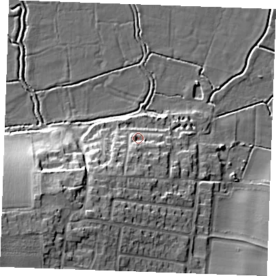 Shaded relief map of the ground around ME37UH, computed from Environment Agency LiDAR. The ground here sits at about 6 m above sea level and falls 19 m across the surrounding 800 m. Surface water reaching this point runs off ground lying to the south-south-west, 4.2 m higher.