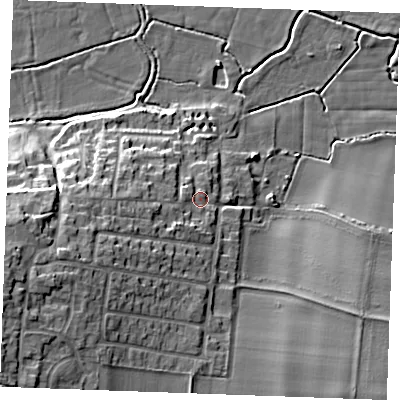 Shaded relief map of the ground around ME37UJ, computed from Environment Agency LiDAR. The ground here sits at about 8 m above sea level and falls 18 m across the surrounding 800 m. Surface water reaching this point runs off ground lying to the west-south-west, 6.5 m higher.
