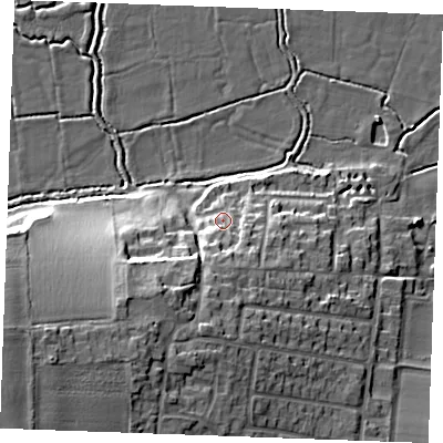 Shaded relief map of the ground around ME37UT, computed from Environment Agency LiDAR. The ground here sits at about 8 m above sea level and falls 20 m across the surrounding 800 m. Surface water reaching this point runs off ground lying to the south, 7.6 m higher.