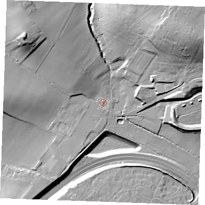 Shaded relief map of the ground around ME38BP, computed from Environment Agency LiDAR. The ground here sits at about 10 m above sea level and falls 43 m across the surrounding 800 m. Surface water reaching this point runs off ground lying to the north-west, 12.4 m higher.