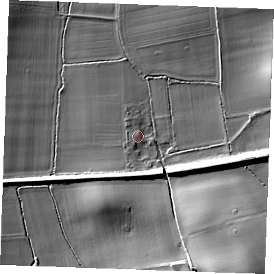 Shaded relief map of the ground around ME38DF, computed from Environment Agency LiDAR. The ground here sits at about 8 m above sea level and falls 27 m across the surrounding 800 m. Surface water reaching this point runs off ground lying to the west, 1.6 m higher.