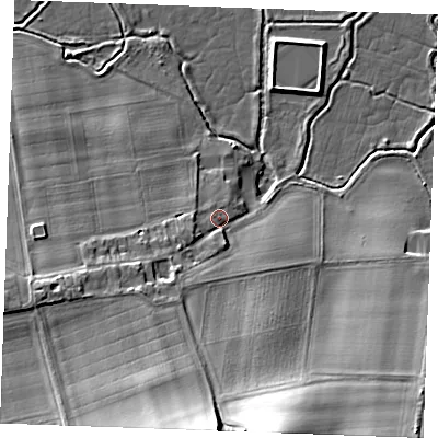 Shaded relief map of the ground around ME38DP, computed from Environment Agency LiDAR. The ground here sits at about 6 m above sea level and falls 23 m across the surrounding 800 m. Surface water reaching this point runs off ground lying to the south-west, 6.4 m higher.